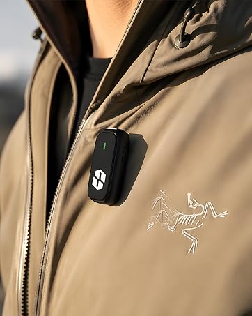 SONEVOX wireless mic magnetically attached to a jacket for effortless hands-free outdoor recording