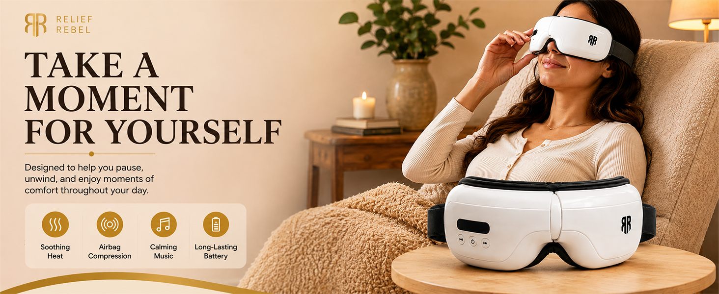 Woman relaxing at home wearing a Relief Rebel eye massager beside the white eye massager product.