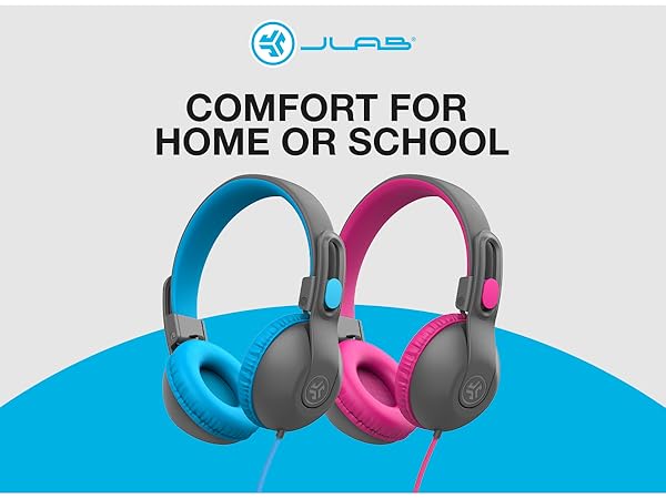 rendering of blue and pink JBuddies Headphones next to a text block