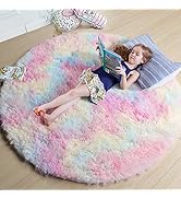 Amdrebio Rainbow Fluffy Round Rug 4Ft Kids Rugs for Girls Bedroom, Unicorn Room Decor, Colorful P...