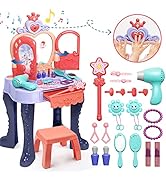 Eohemeral Toddler Vanity Makeup Table with Mirror and Chair, Toddler Kids Makeup Vanity Set with ...