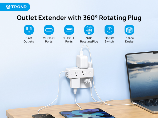 Multi plug outlet extender with 360° rotating plug