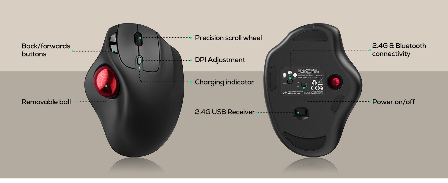 Nulea M511 Wireless Trackball Mouse, Rechargeable Ergonomic Thumb-Control Mouse with Tilt Stand