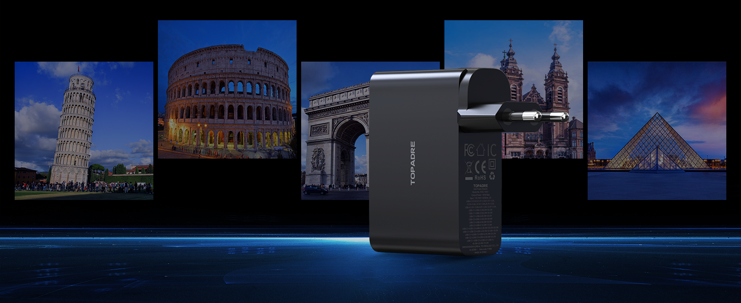 USB C Travel Charger 4-Ports Foldable Travel Adapter Plug Converter with UK/EU/AU Plugs