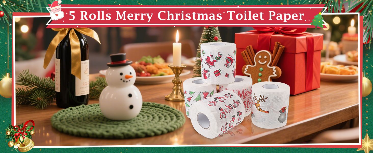 5 Rolls Christmas Toilet Paper Roll Tissue Napkin Santa Tree Pattern for Xmas Holiday