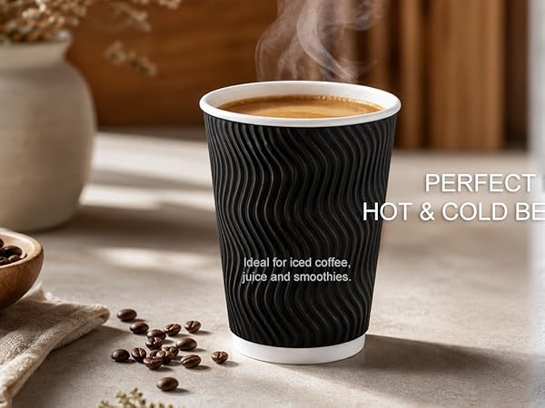12 oz Disposable Paper Coffee Cups 100 Pack, Leak Proof Insulated Ripple Wall To-Go Cups