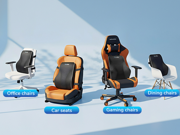 Sequence of images showing office chair positions and features against blue background, demonstrating various adjustment capabilities and ergonomic settings.