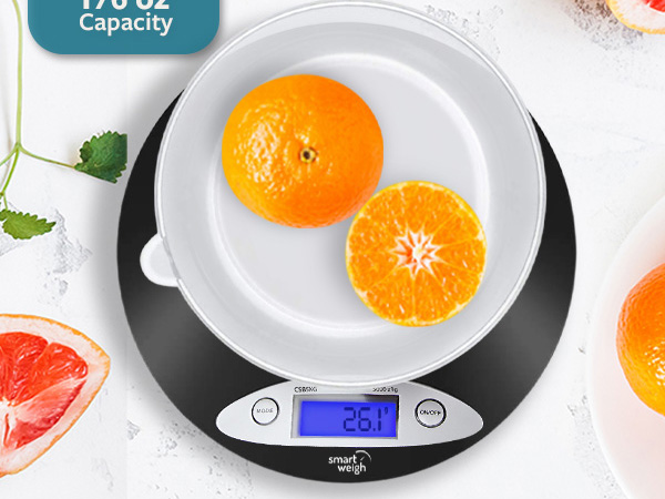 Smart Weigh Digital Kitchen Scale auto shut off on off 2xAA batteries included 5000g 176oz capacity