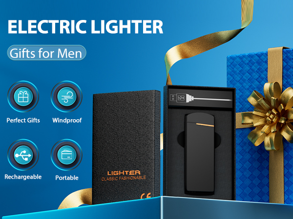 Electric lighter displayed with gift box and ribbon. Features include windproof, rechargeable, portable design. Presented as a gift for men.