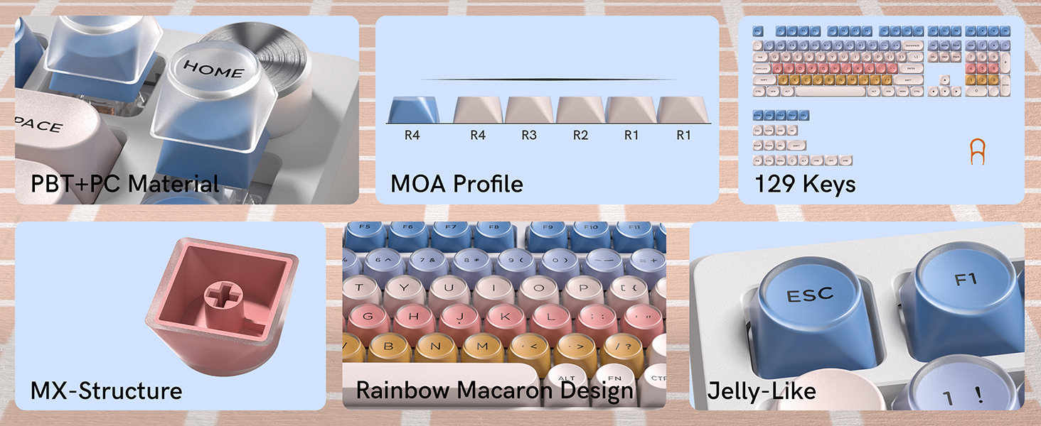 rainbow aesthetics, jelly-like transparent top, PBT+PC material, 129-key set, MOA profile