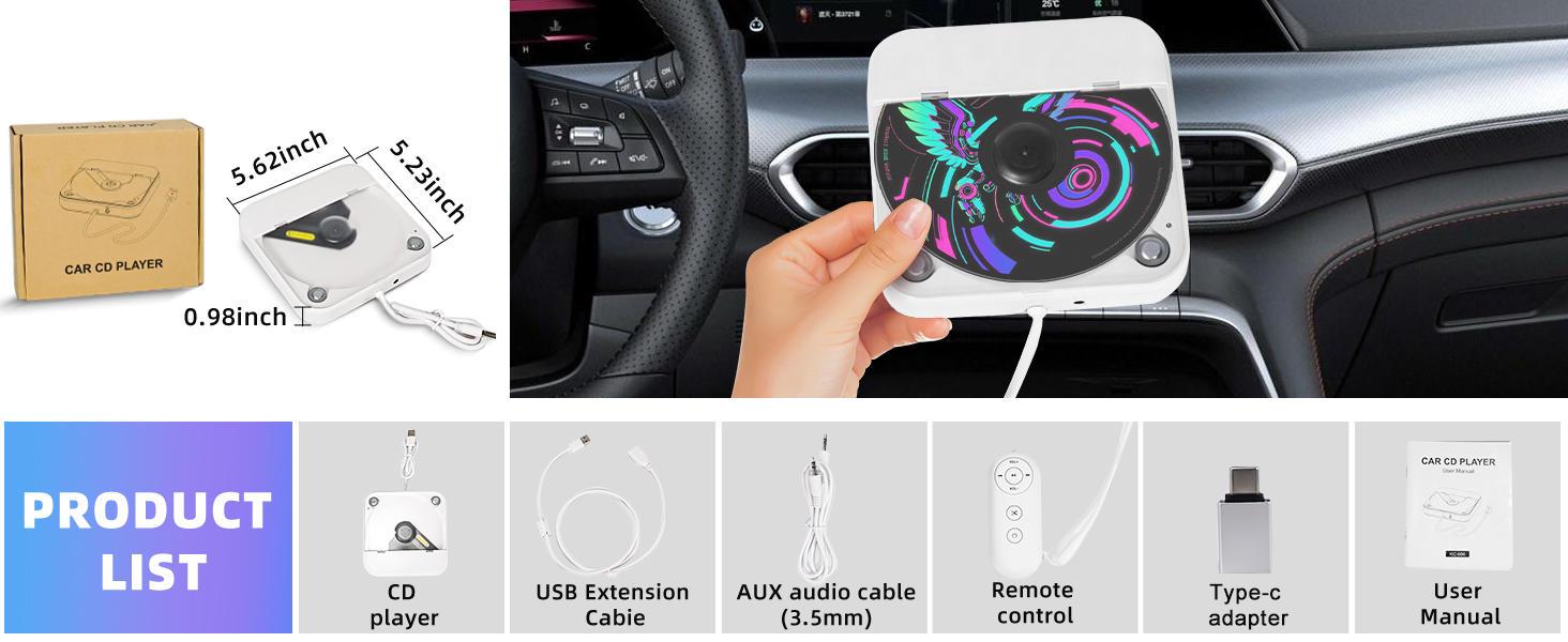 cd player portable remote control typec car cds music small cd player AUX audio and usb cable manual