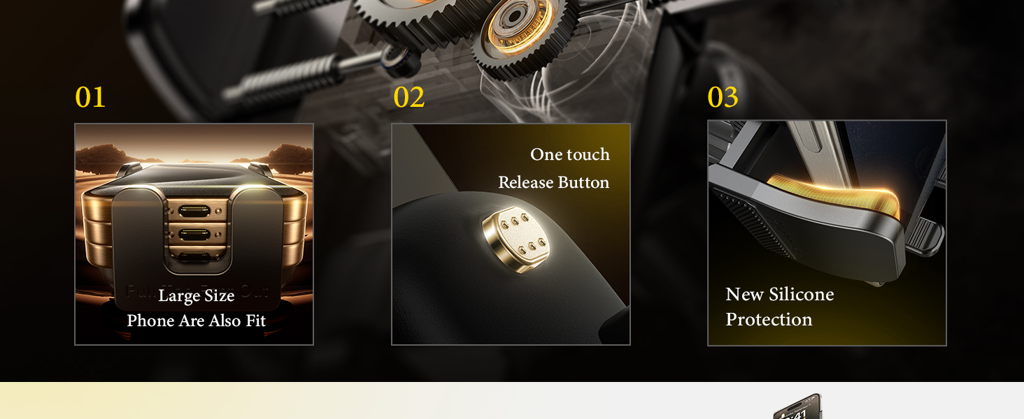 Three technical feature highlights showing numbered panels with metallic components and protective elements in dark background setting.