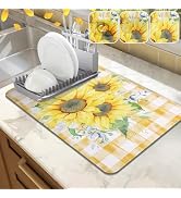 LOKHOM Dish Drying Mat for Kitchen Counter, 12"x20" Absorbent Coffee Bar Mat with Sunflowers, Vin...