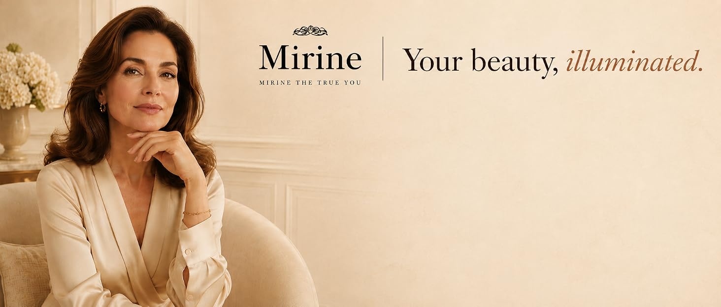 Mirine luxury beauty brand banner with elegant woman and “Your beauty, illuminated” slogan