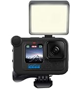 GoPro HERO10 action camera with front-facing color screen, large rear screen, and attachable LED light panel. Camera mounted in protective frame with standard GoPro mount.