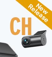 Compact black cylindrical dash camera with lens visible. Orange triangular 'New Release' tag in upper right corner. 'CH' text in large orange letters on white background.