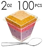 DLux 100 x 2oz Square Mini Dessert Cups with Spoons and Lids, Clear Plastic Parfait Appetizer Cup...