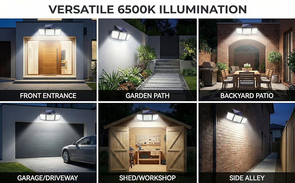 Text reads 'VERSATILE 6500K ILLUMINATION'. Grid of photographs showing outdoor lighting examples in various settings including 'FRONT ENTRANCE', 'GARDEN PATH', 'BACKYARD PATIO', 'GARAGE DRIVEWAY', 'SIDE ALLEY'.