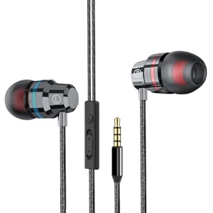 Wired earbuds with in-line microphone and control. Black cable, metallic gray and red earpieces, and standard 3.5mm audio jack.