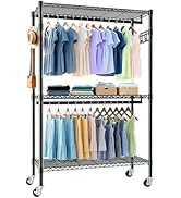 Ywin Heavy Duty Rolling Garment Rack 2 Tiers Adjustable Wire Shelving Clothes Rack with Rods and ...