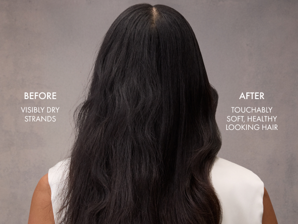Woman shown from behind with her wavy hair split to compare before and after shampoo results.