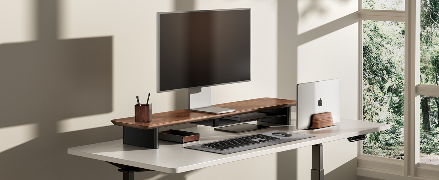 home office workspace wood vertical laptop stand holder walnut desk