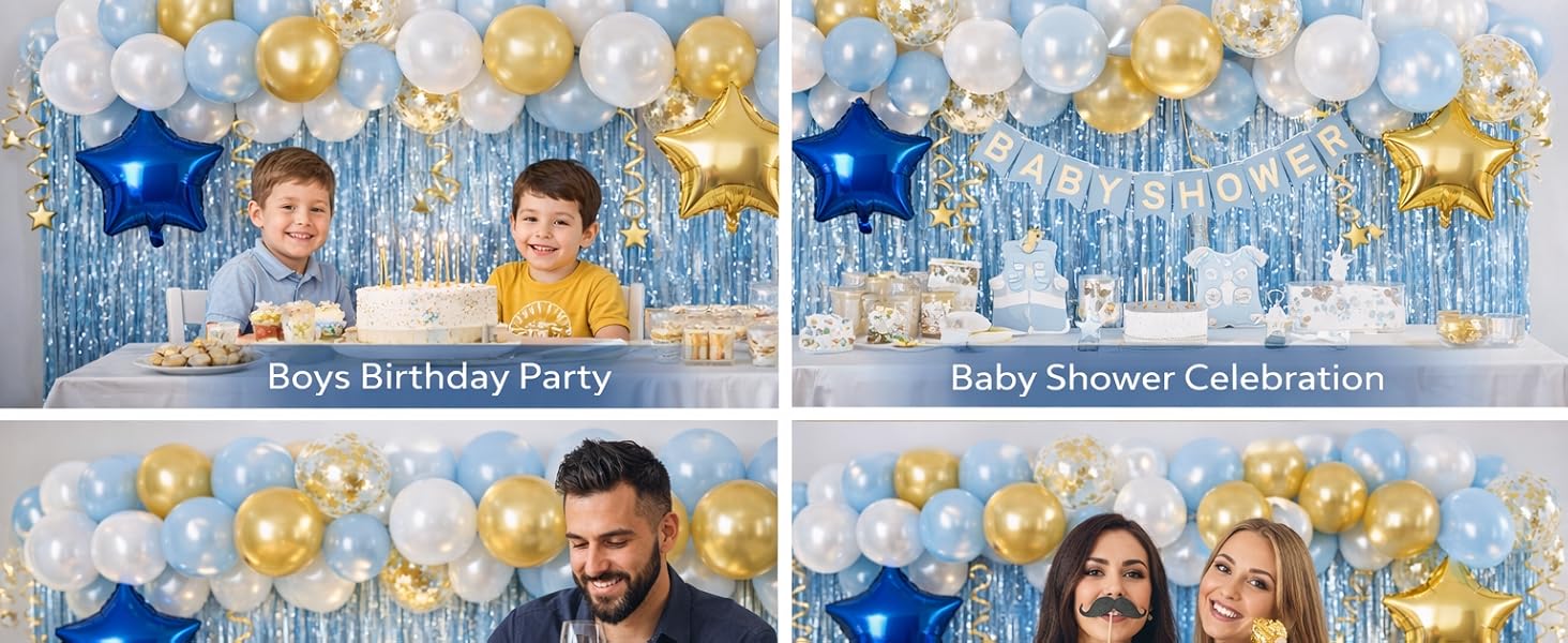 Blue and gold balloon party setup for birthday and baby shower events