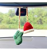 Handmade Hat and Stocking Rear View Mirror Accessories Car Decor, Cute Crochet Car Accessories, C...