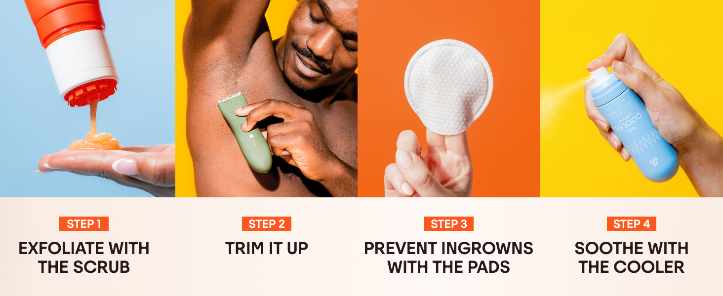 Exfoliate with the scrub, trim it up, prevent ingrowns with the pads, soothe with the cooler