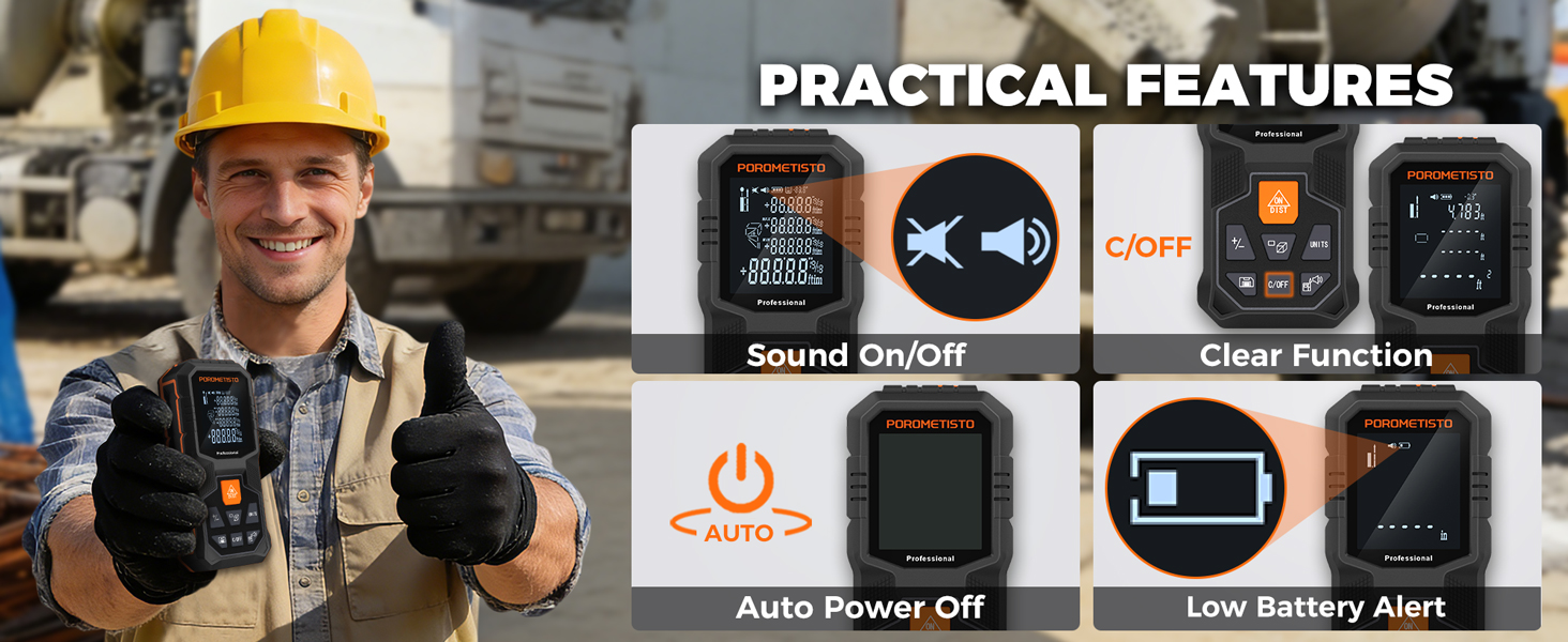 Text reads 'PRACTICAL FEATURES'. Interface panel showing various control icons and settings buttons in a dark theme layout.