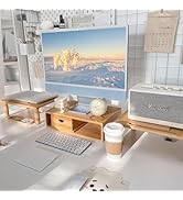 ROCDEER Dual Monitor Stand Riser with Drawer for Desk Laptop Desk Shelf with Adjustable Length an...