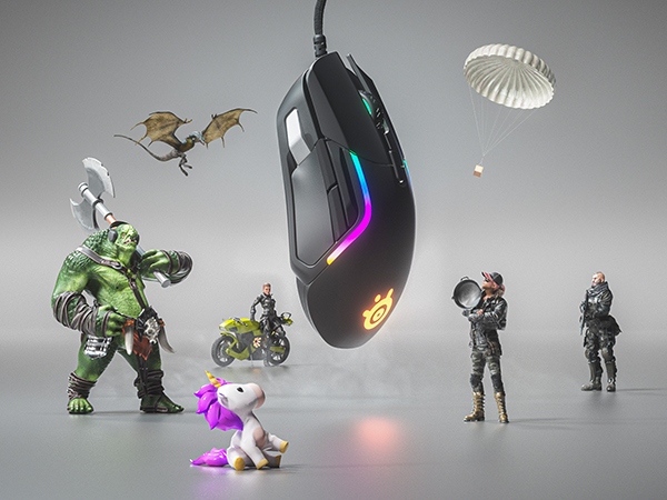 -SteelSeries Rival 5 mouse floating surrounded by SteelSeries troll and other 3D game characters