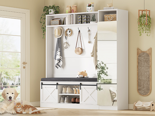 Hall Tree with Bench and Shoe Storage Entryway with Tall Mirror Farm House Barn Door