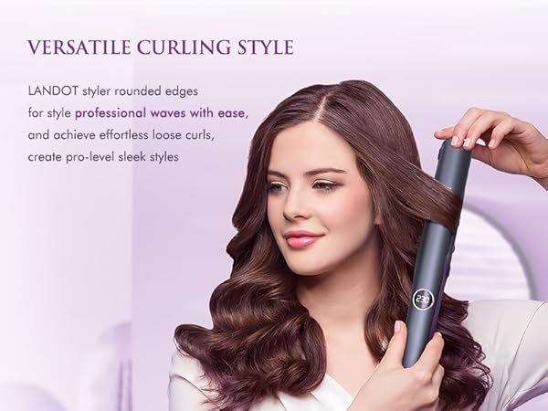 Hair styling tool demonstration showing rounded edge curling device creating loose, professional waves in long hair.