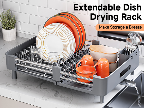 Expandable Dish Drying Rack for Kitchen Counter, Extendable Dish Rack with Drainboard