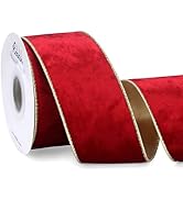 Ribbli Red Velvet Wired Ribbon 2.5 Inch Metallic Red Gold Crushed Velvet Christmas Ribbon for Gif...