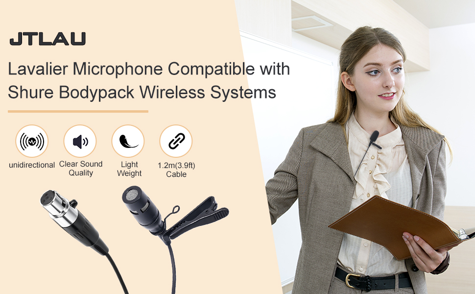 Text reads 'DT2G3' and 'Lavalier Microphone Compatible with Shure Bodypack Wireless Systems'. Shows microphone product images and icons for connectivity features.