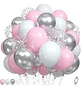 Pink and Silver Balloons, Pastel Pink White Balloons Metallic Silver Balloons White Pink Party Ba...