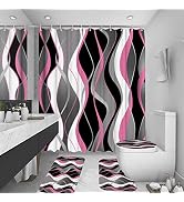 BEIFIVCL 4Pcs Pink Shower Curtain Sets with Non-Slip Rugs, Toilet Lid Cover and Bath Mat, Black a...