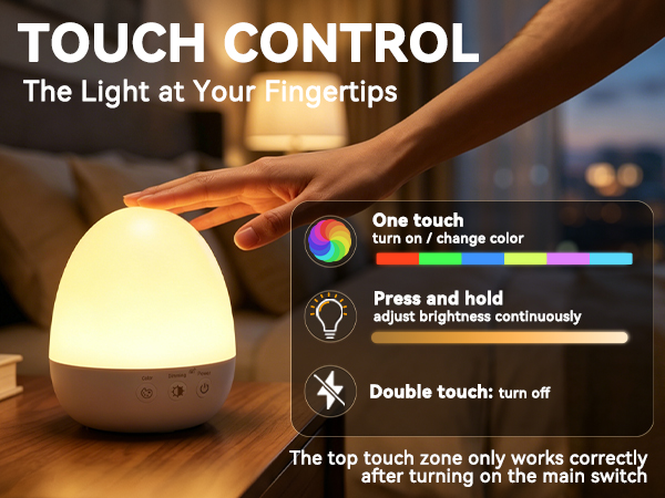 Touch control kids night lamp, tap to change color, long press dim, double tap to power off easily
