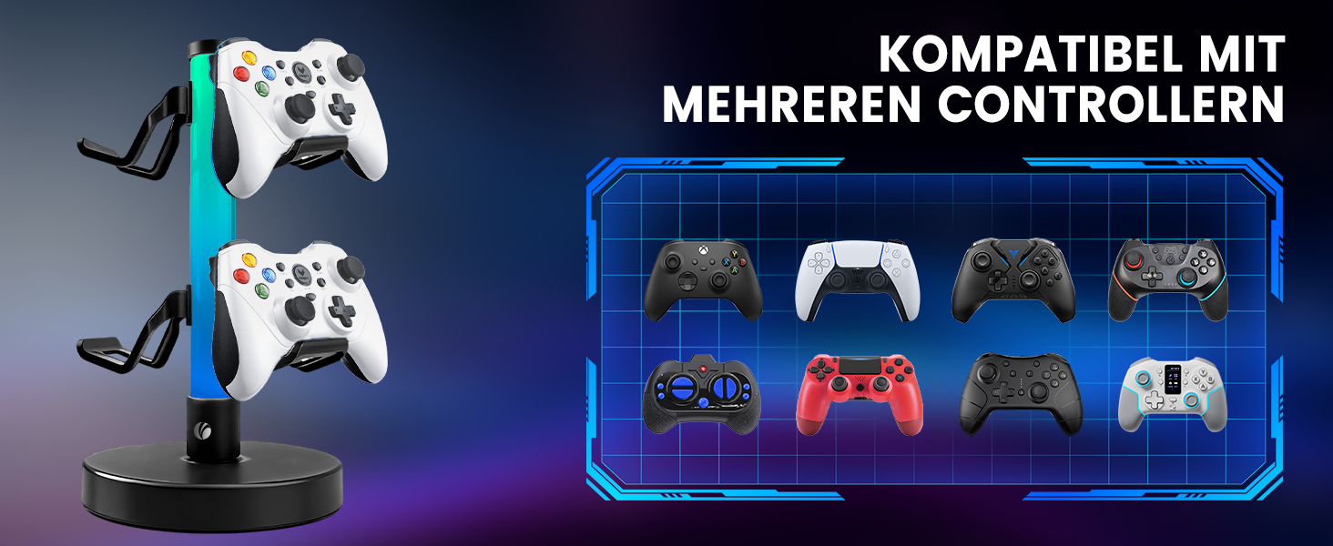 Text reads 'KOMPATIBEL MIT MEHREREN CONTROLLERN'. Gaming controller display with blue lighting effects against dark background.
