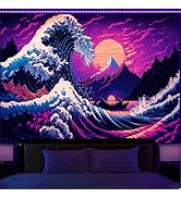 Manicer Japanese Sea Wave Tapestry, Blacklight Kanagawa Neon Sunset Ocean Tapestries Wall Hanging...