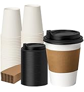 VPACKDUO 12 oz 50 Pack Paper Cups with Lids and Sleeves
