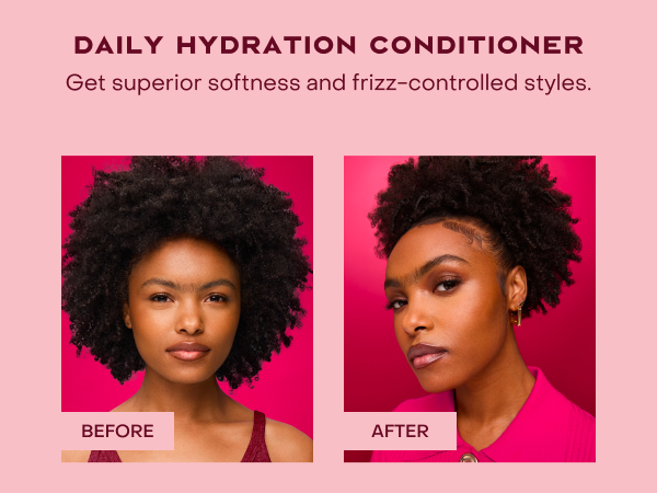 Two images of the same woman comparing her hair before and after applying our leave-in conditioner.