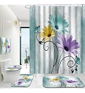 Onalasyc 4PCS Blue-Green Daisy Flowers Butterfly Shower Curtain Set with Shower Curtain and Carpe...