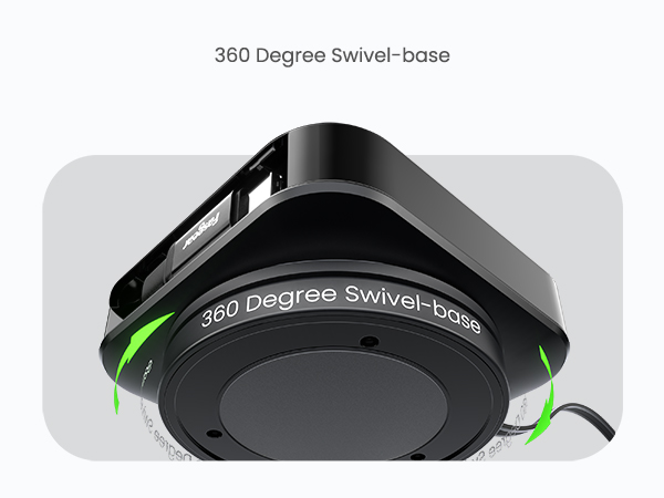 Black electronic device with 360-degree swivel base feature, highlighted by green accent lighting and text indicating rotation capability.