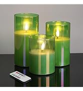 Eywamage Green Flameless Candles with Remote, Ribbed Glass LED Pillar Candles Flickering Real Wax...