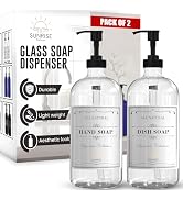 Sunrise Premium 16 OZ Thick Clear Glass Soap Dispenser with Pump 2 Pack, Hand and Dish Soap Dispe...
