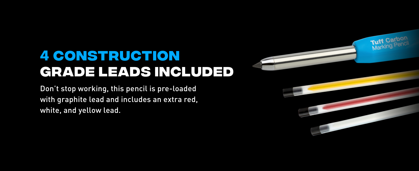Pack comes with 4 construction grade leads including a graphite, white, yellow, and red lead