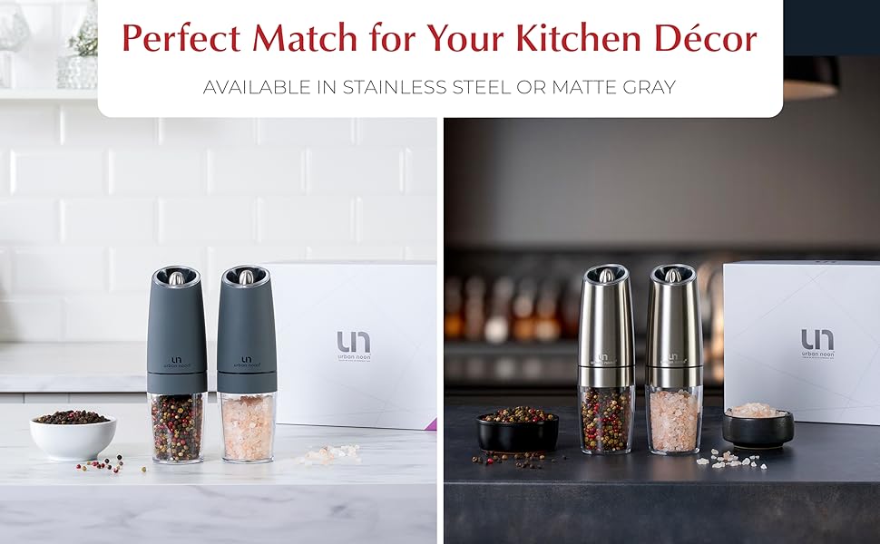 A split Image of the gray grinder set in a white kitchen and stainless steel set in a darker kitchen